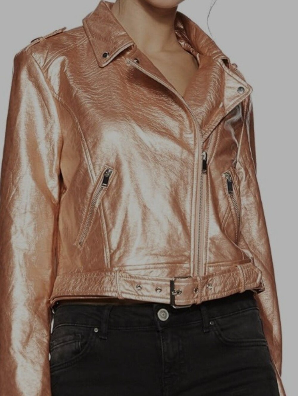 NWT Forever 21 Women's Sheeny Rose Gold Faux Leather Moto Jacket Size Small